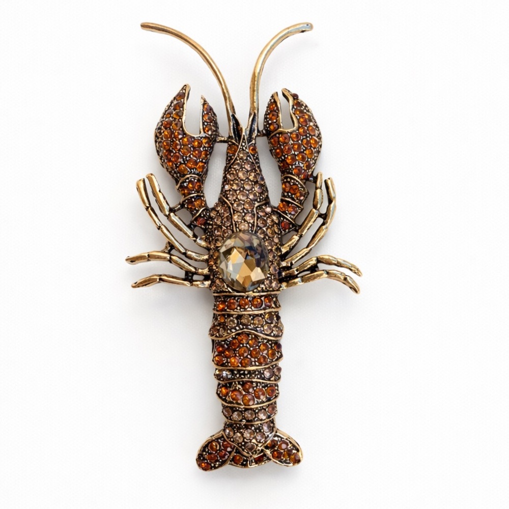 Lobster Brooch with Orange and Brown Crystals